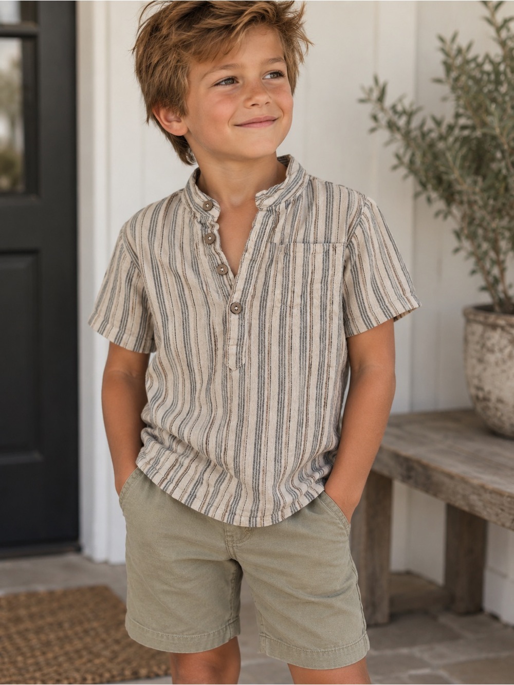 Rylee + Cru Striped Short-Sleeve Henley Shirt - Cream & Gray